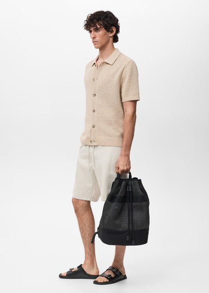 Crochet Mesh Knit Polo Shirt - Beige