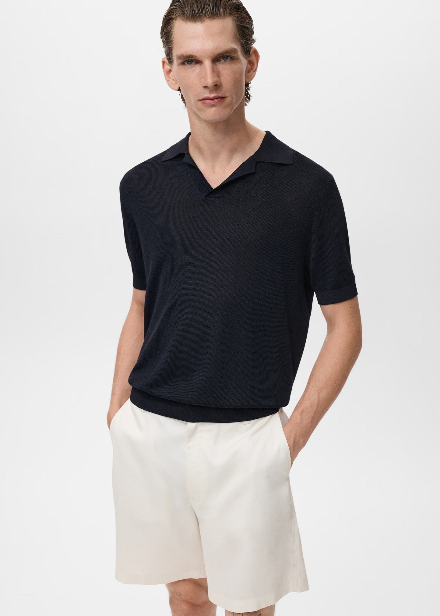 Textured Knit Polo Shirt - Navy Blue