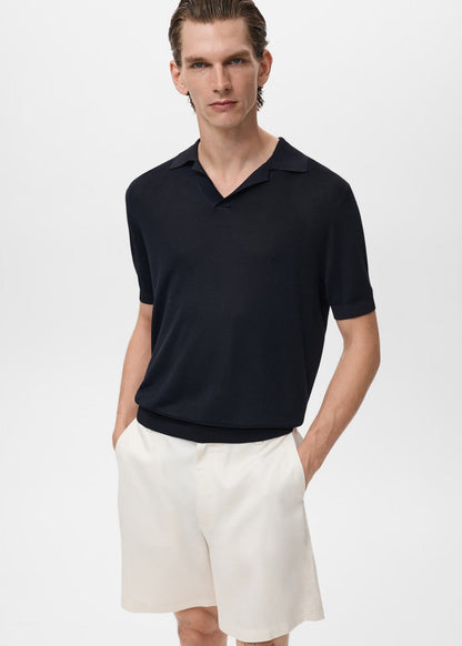 Textured Knit Polo Shirt - Navy Blue