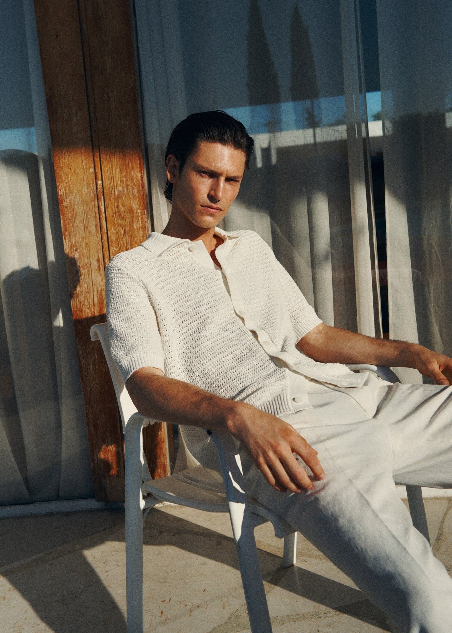 Crochet Knit Openwork Polo Shirt - White