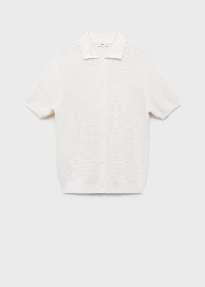 Crochet Knit Openwork Polo Shirt - White