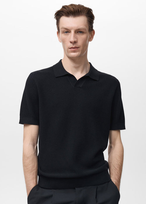 Textured Knit Polo Shirt - Black