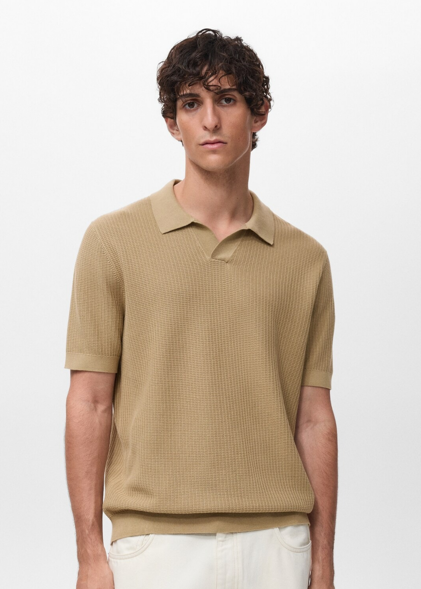Textured Knit Polo Shirt - Beige