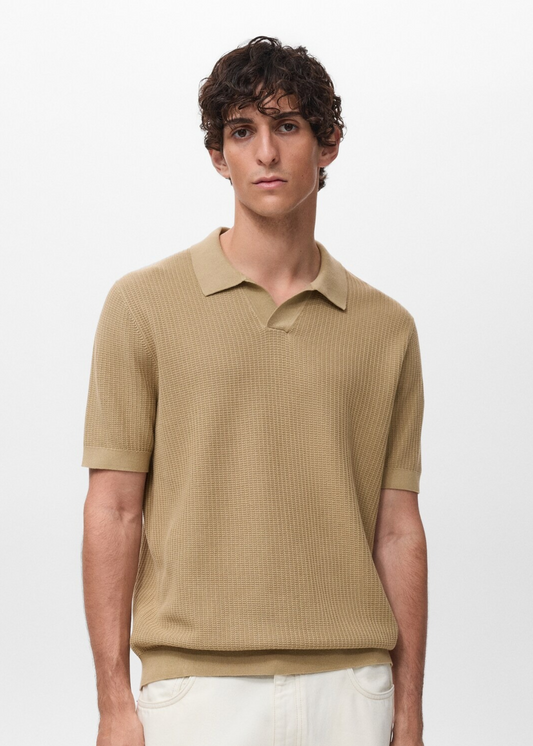 Textured Knit Polo Shirt - Beige