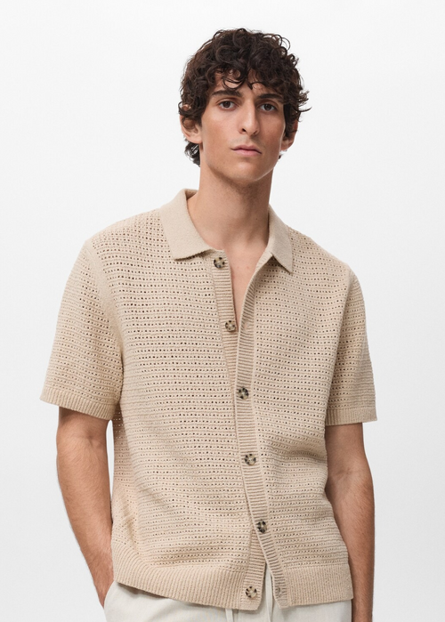 Crochet Mesh Knit Polo Shirt - Beige