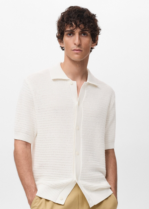 Crochet Knit Openwork Polo Shirt - White